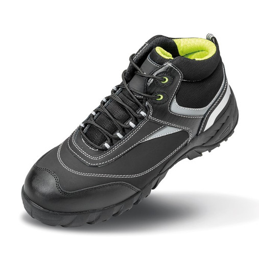 Black and silver nubuck leather safety boot with lime green trim, padded ankle and steel toecap