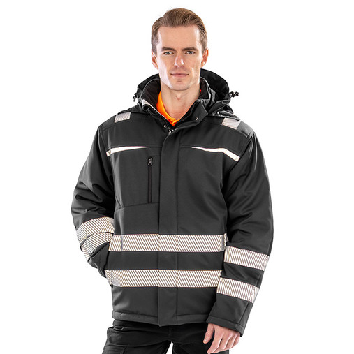 Hi vis yellow hooded softshell safety coat with printed safety bands and zip through collar