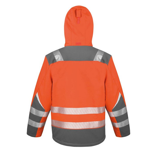 Hi vis yellow hooded softshell safety coat with printed safety bands and zip through collar