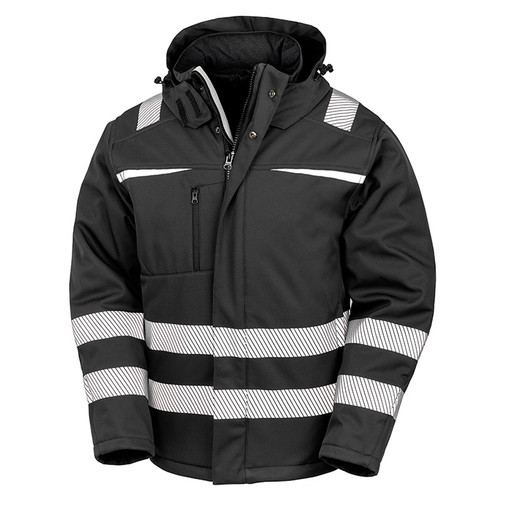 Hi vis yellow hooded softshell safety coat with printed safety bands and zip through collar