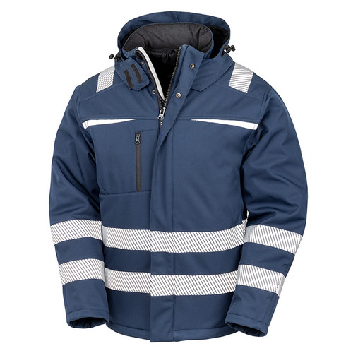 Hi vis yellow hooded softshell safety coat with printed safety bands and zip through collar