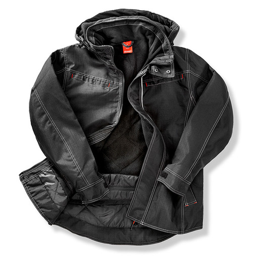 Black denim texture waterproof work jacket with hood, stand up collar and zipped pockets