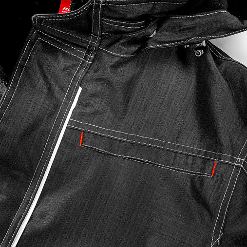 Black denim texture waterproof work jacket with hood, stand up collar and zipped pockets