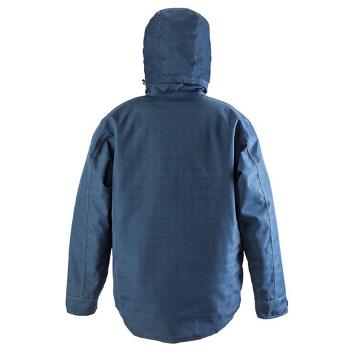 Black denim texture waterproof work jacket with hood, stand up collar and zipped pockets