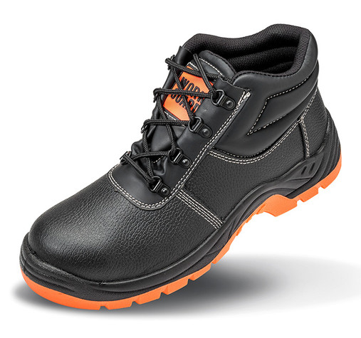 Black leather steel toe cap safety shoe with laces, padded collar and a dual density sole