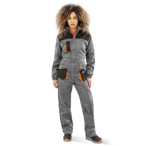 Two-tone lightweight work overalls with full zip, chest pockets and orange reflective tabs