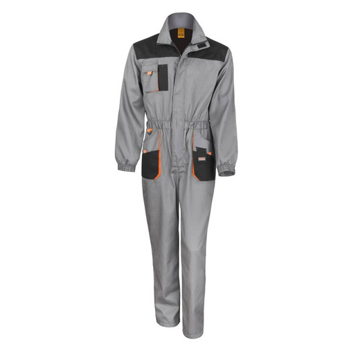Two-tone lightweight work overalls with full zip, chest pockets and orange reflective tabs