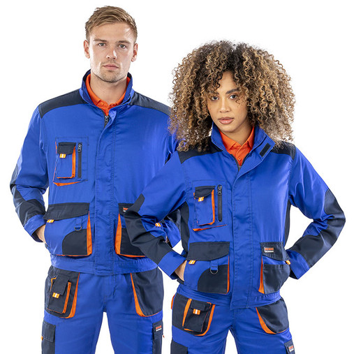 Two-tone lightweight work jacket with bellowed chest pockets, stand up collar and orange tabs