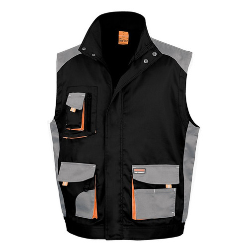 Two-tone lightweight sleeveless work gilet with bellowed pockets and a studded zip storm flap