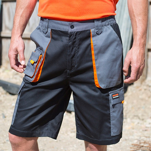 Two-tone lightweight cargo work shorts with side cargo pockets and orange reflective tabs