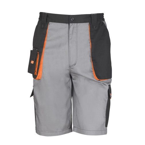 Two-tone lightweight cargo work shorts with side cargo pockets and orange reflective tabs