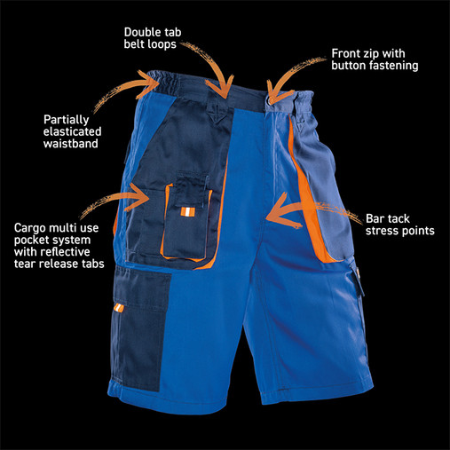 Two-tone lightweight cargo work shorts with side cargo pockets and orange reflective tabs