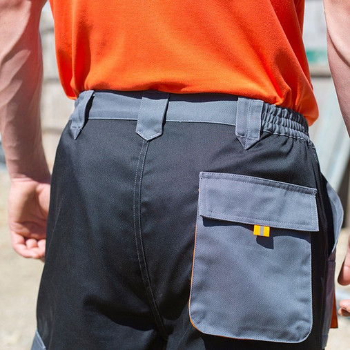 Two-tone lightweight cargo work shorts with side cargo pockets and orange reflective tabs