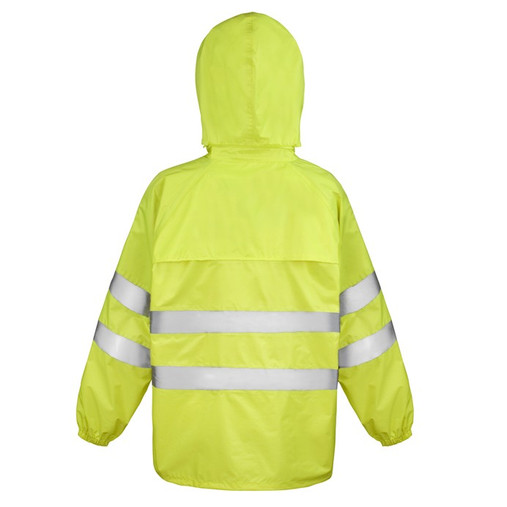 Fluorescent yellow waterproof jacket and trousers with reflective bands and a hood in the collar