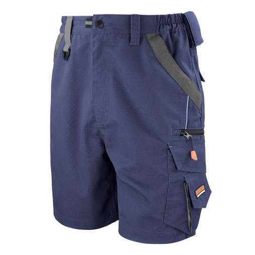 Two-tone technical work shorts with zipped cargo pocket, ruler pocket and contrast panels