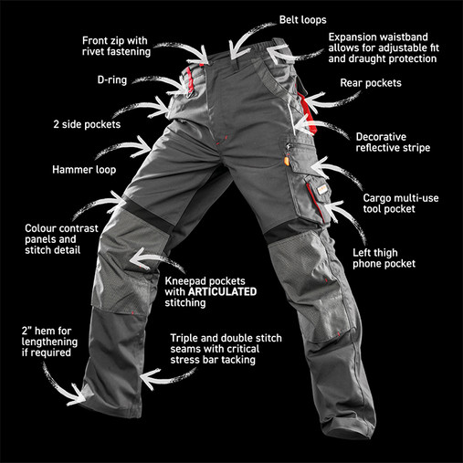 Two-tone technical work trousers with knee pad pockets, zipped cargo pocket and contrast panels
