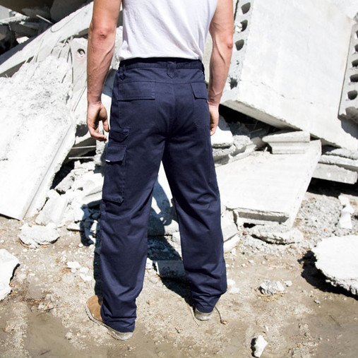 Plain work trousers with knee pad pockets, thigh pocket with reflective trim and hammer loop