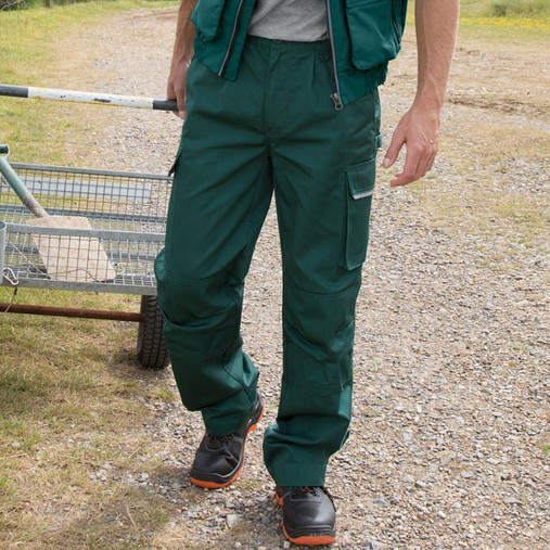 Plain work trousers with knee pad pockets, thigh pocket with reflective trim and hammer loop