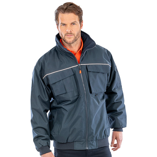 Padded pilot work jacket with ribbed cuffs and waist, stand-up collar and reflective piping