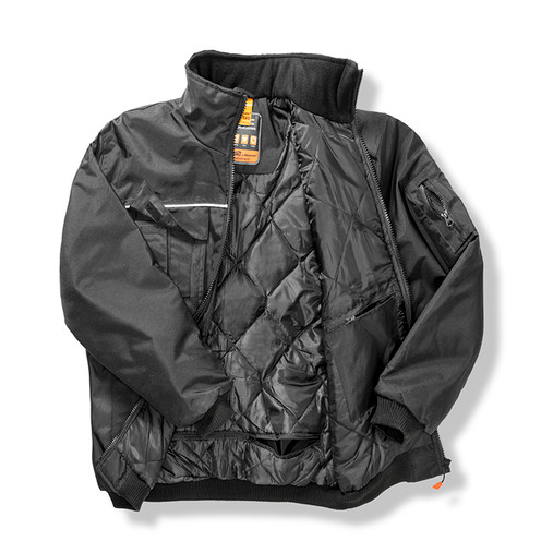 Padded pilot work jacket with ribbed cuffs and waist, stand-up collar and reflective piping