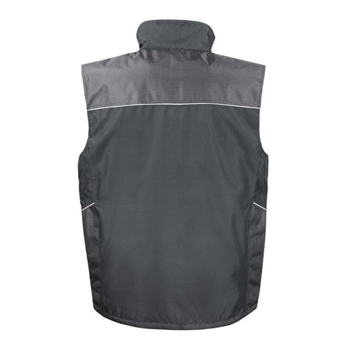 Black padded work bodywarmer with zip-through collar, patch pockets and a zipped chest pocket