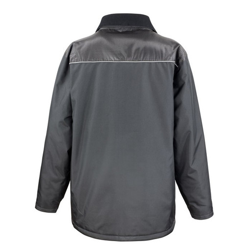 Black padded long work coat with zip-off hood, patch pockets and a zipped chest pocket