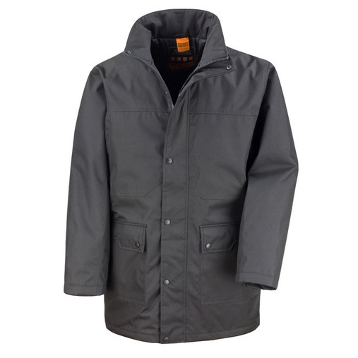 Black waterproof managers jacket with stud storm flap, front pockets and a stand-up collar