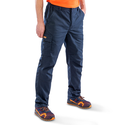 Stretch work trousers with zipped side pockets, cargo pocket and reinforced ankle hems