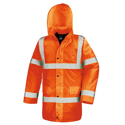 Fluorescent long padded hi vis coat with reflective tapes, storm flap pockets and a foldaway hood