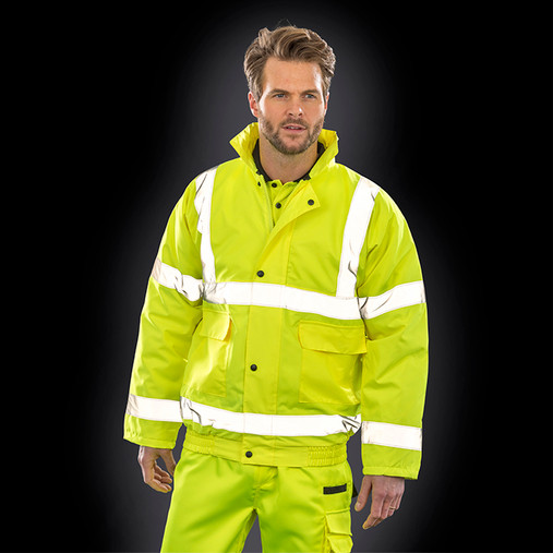 Fluorescent padded hi vis winter jacket with reflective tapes, storm flap pockets and hood collar