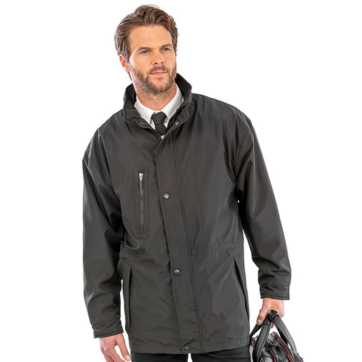 Black 2 in 1 executive coat with stand-up collar, zipped chest pocket and stud storm flap