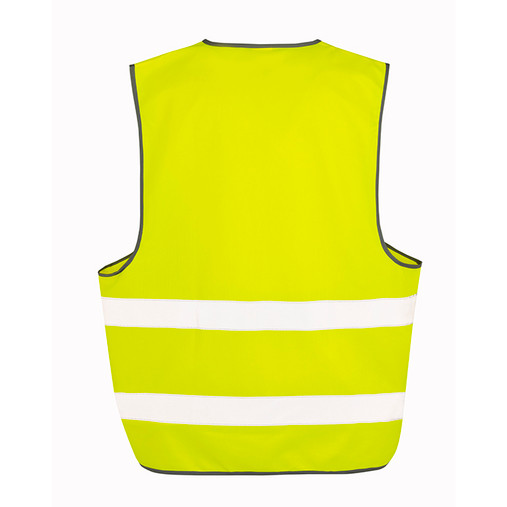 Fluorescent hi vis safety vest with sewn-on reflective tapes and a tear release front fastening