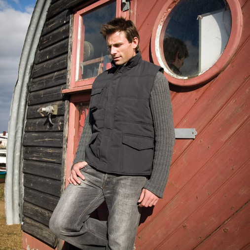 Result padded bodywarmer with zip-through collar, chest pocket and tear release front pockets