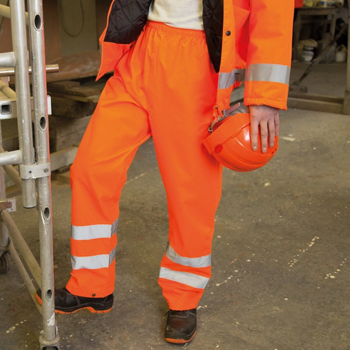 Fluorescent hi vis over trousers with reflective leg bands and elasticated waist