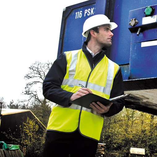 Fluorescent hi vis vest with sewn-on reflective bands and a single vertical tear release front