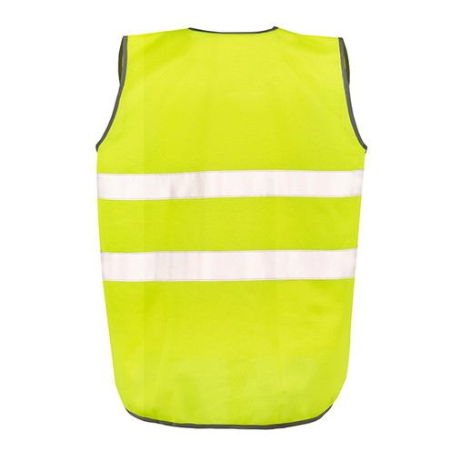 Fluorescent hi vis motorist vest with reflective bands round the body and long tear release front