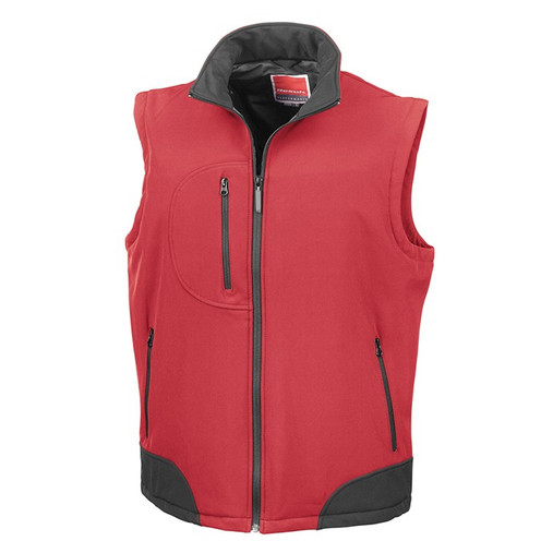 Result softshell bodywarmer with zip-through collar, zipped chest pocket and contrast trims