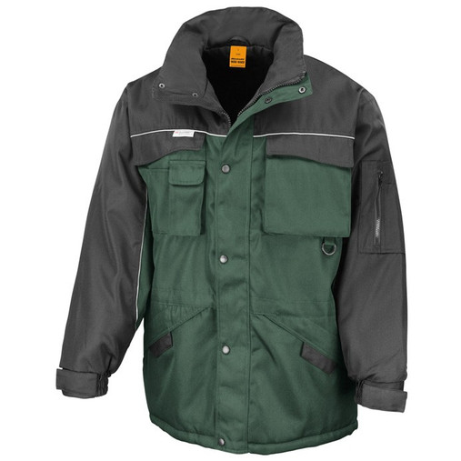 Heavy duty padded work jacket with chest pockets, reflective piping and a zip-through collar