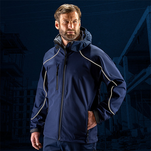 Hooded softshell work jacket with contrast ripstop shoulder panels, zip pockets and reflective piping