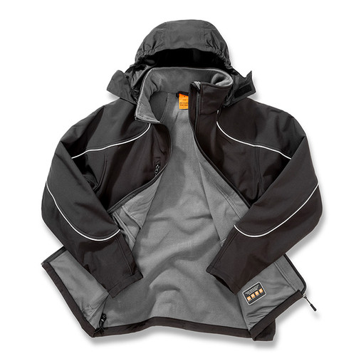Hooded softshell work jacket with contrast ripstop shoulder panels, zip pockets and reflective piping