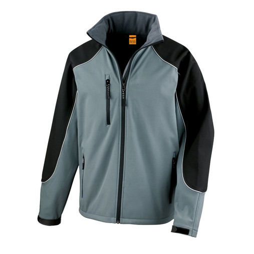 Hooded softshell work jacket with contrast ripstop shoulder panels, zip pockets and reflective piping