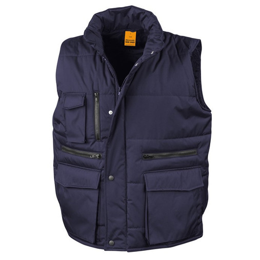 Padded ripstop work bodywarmer with stand up collar, storm flap and several chest pockets