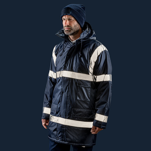 Dark padded work coat with sewn-on reflective tapes, stud closing storm flap and front pockets