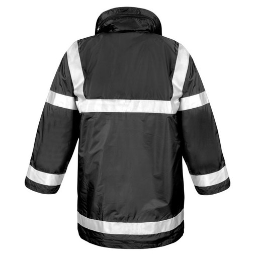 Dark padded work coat with sewn-on reflective tapes, stud closing storm flap and front pockets