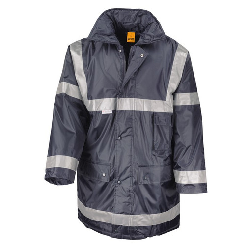 Dark padded work coat with sewn-on reflective tapes, stud closing storm flap and front pockets