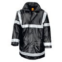 Dark padded work coat with sewn-on reflective tapes, stud closing storm flap and front pockets