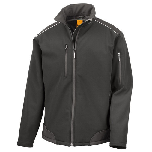 Softshell work jacket with black reinforced shoulder and elbow panels, zip pockets and zip collar