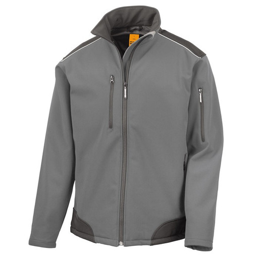 Softshell work jacket with black reinforced shoulder and elbow panels, zip pockets and zip collar