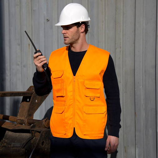 Multi pocket polycotton work waistcoat with bellowed chest pockets, D-ring and zip front