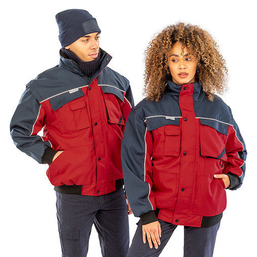 Heavy duty padded work jacket with zip off sleeves, chest pockets and reflective piping
